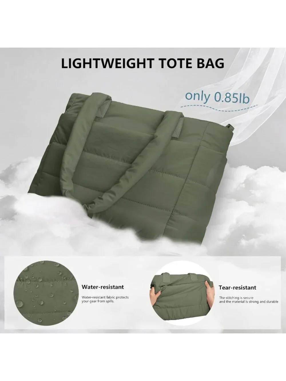 👜Women's Dark Green Quilted Puffer Tote Bag Lightweight Work For Travel Handbag